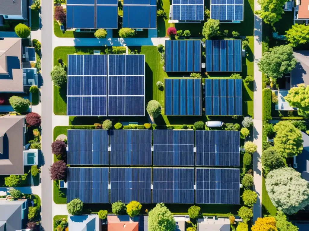 Barrio suburbano con paneles solares en techos, jardines y autos eléctricos