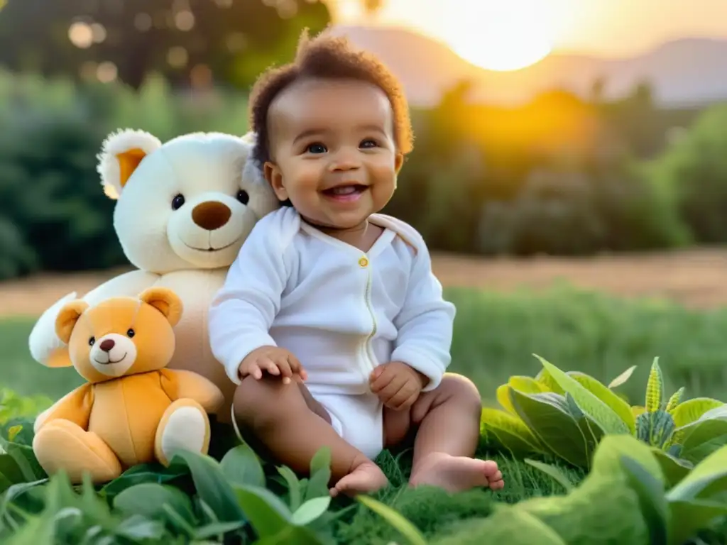 Un bebé sonriente en un campo rodeado de juguetes ecológicos, resalta la seguridad y salud de los productos para niños