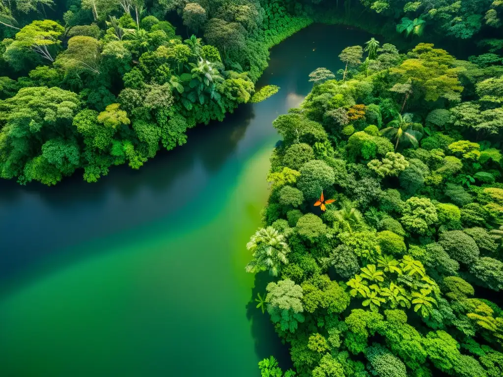 Beca conservación ecosistemas requisitos: Vista aérea de exuberante selva tropical, con luz solar filtrándose entre el follaje, creando un espectáculo de luz y sombra en el suelo forestal