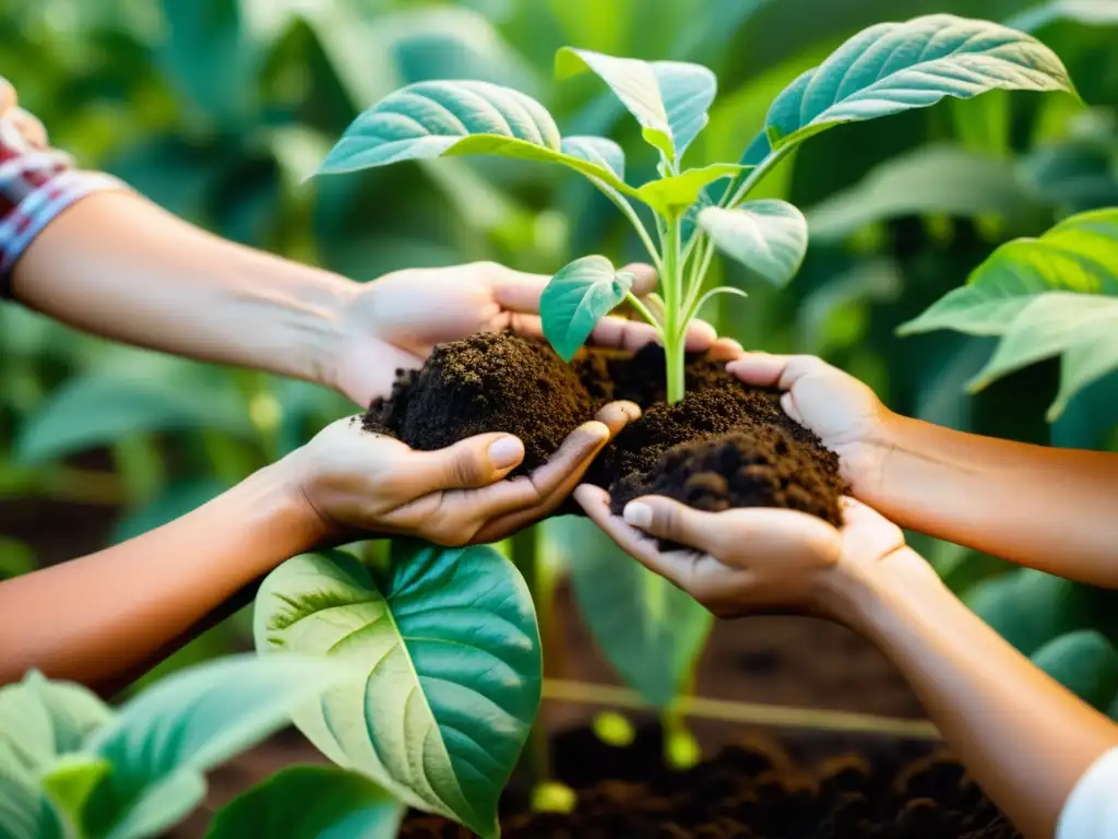 Becas en Agroecología Sostenible: Agricultores diversos trabajan juntos en una granja vibrante y sostenible, cuidando las cosechas con esmero