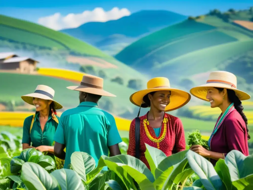 Becas en Agroecología Sostenible: Agricultores trabajan en una granja ecológica, cuidando cultivos en armonía con la naturaleza