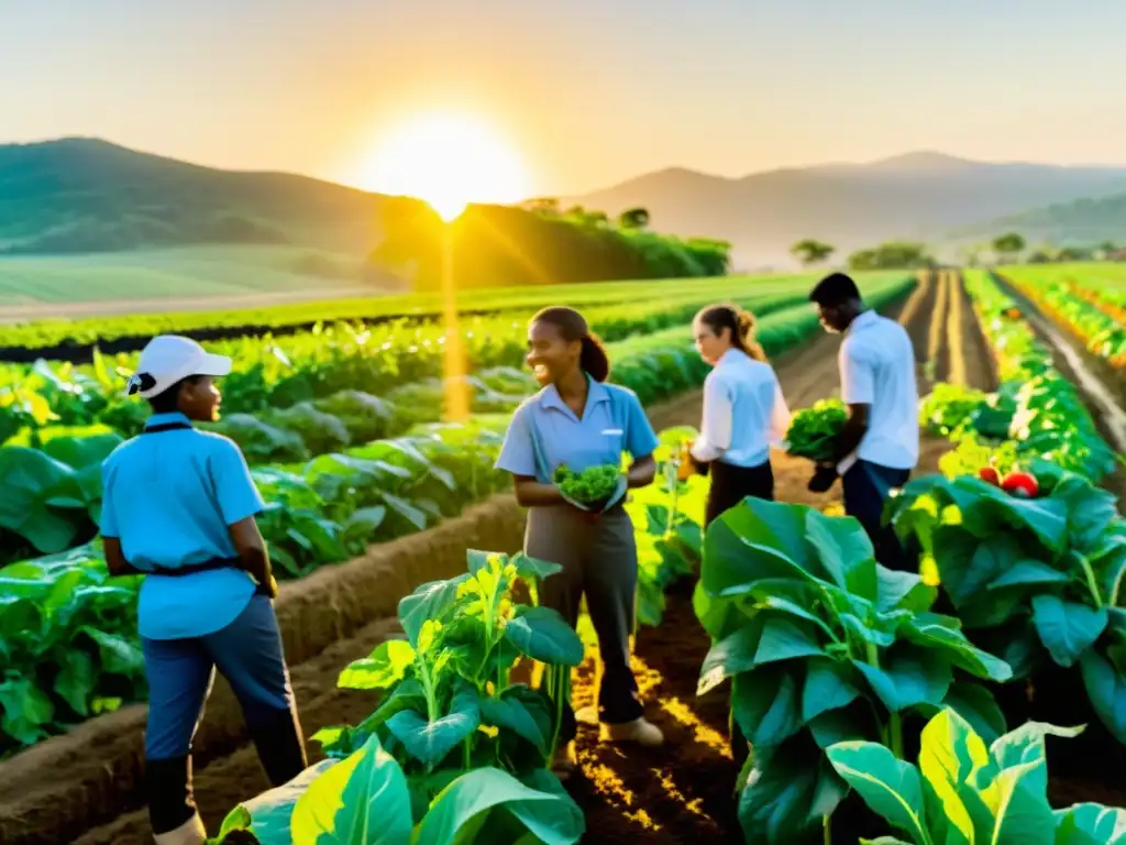 Becas en Agroecología Sostenible: Estudiantes apasionados trabajan en una granja vibrante, cultivando de forma sostenible