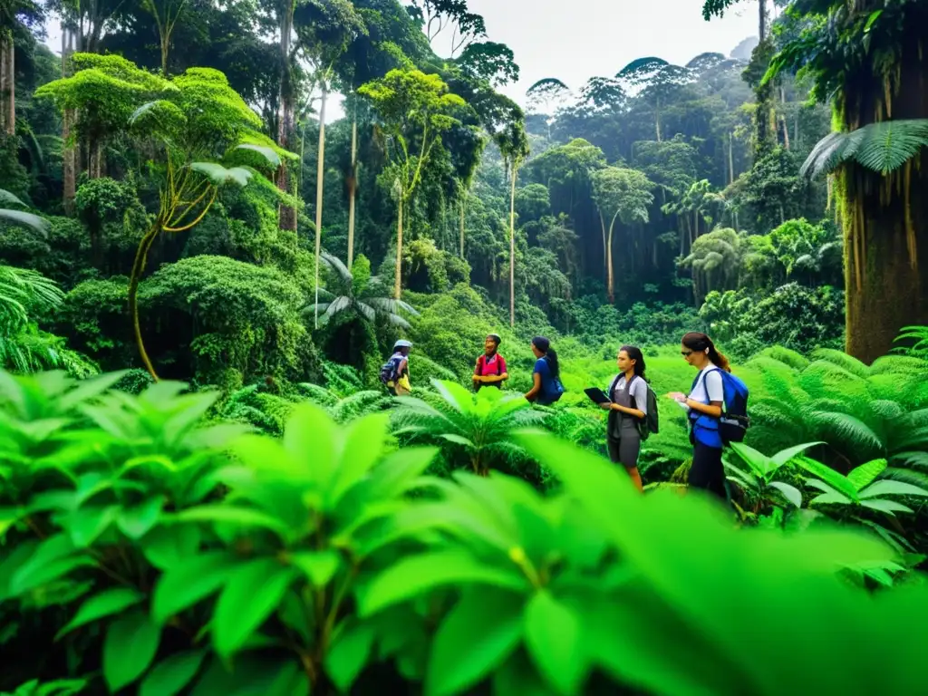 Becas para Ciencias Ambientales: Estudiantes haciendo investigación en una exuberante selva, midiendo, recolectando muestras, y debatiendo