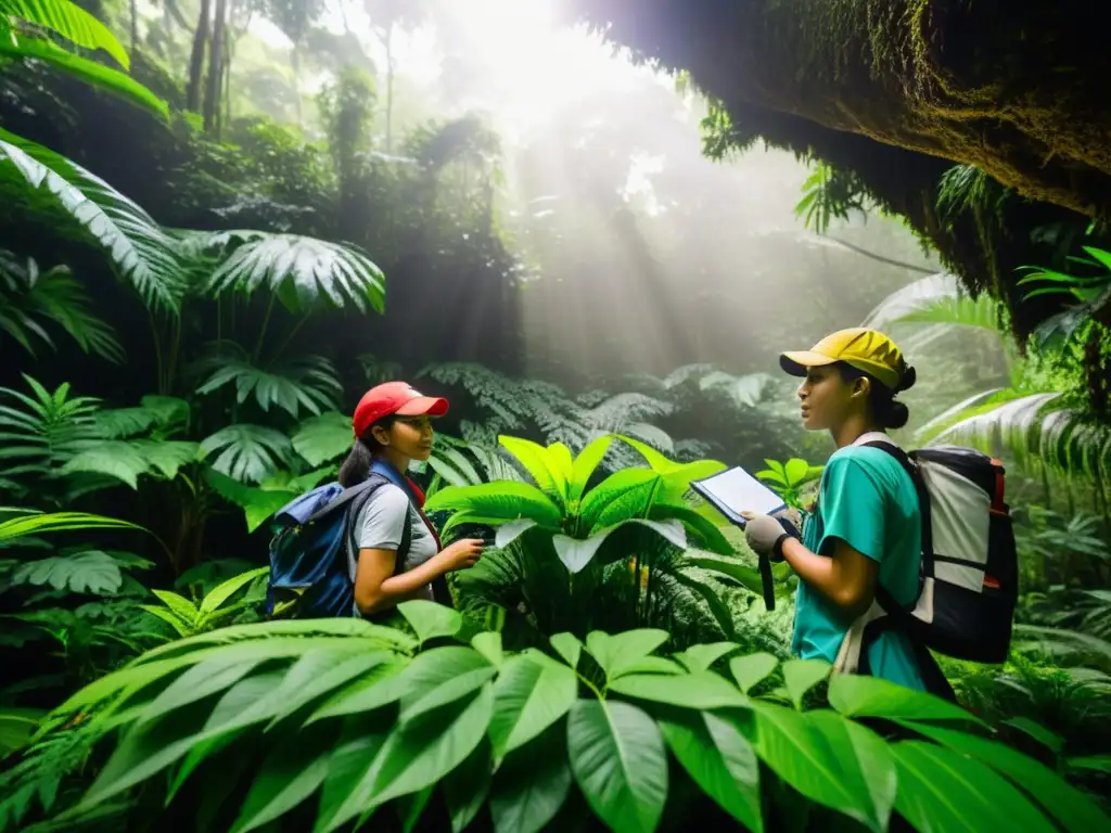 Becas para Ciencias Ambientales: Estudiantes realizan investigación de campo en exuberante bosque tropical, documentando biodiversidad