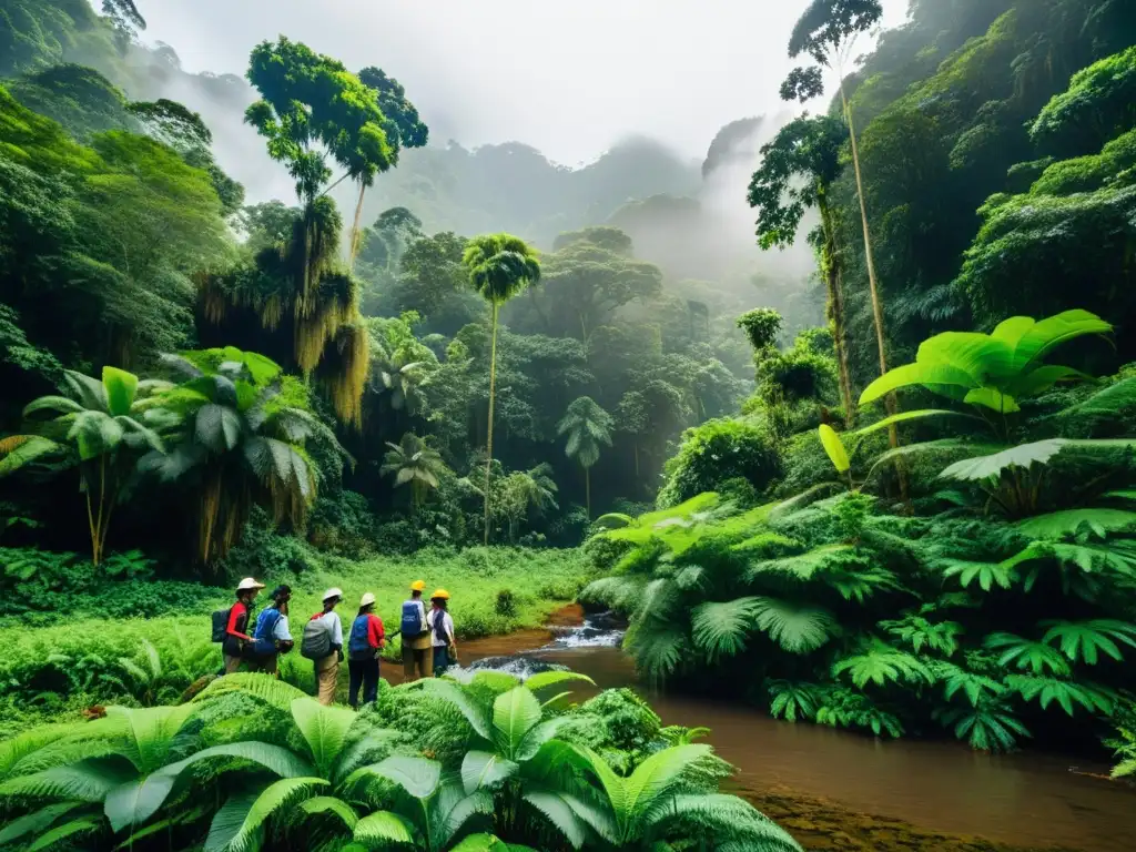 Becas para Ciencias Ambientales: Estudiantes realizando investigación de campo en una exuberante selva, rodeados de vida silvestre y ríos