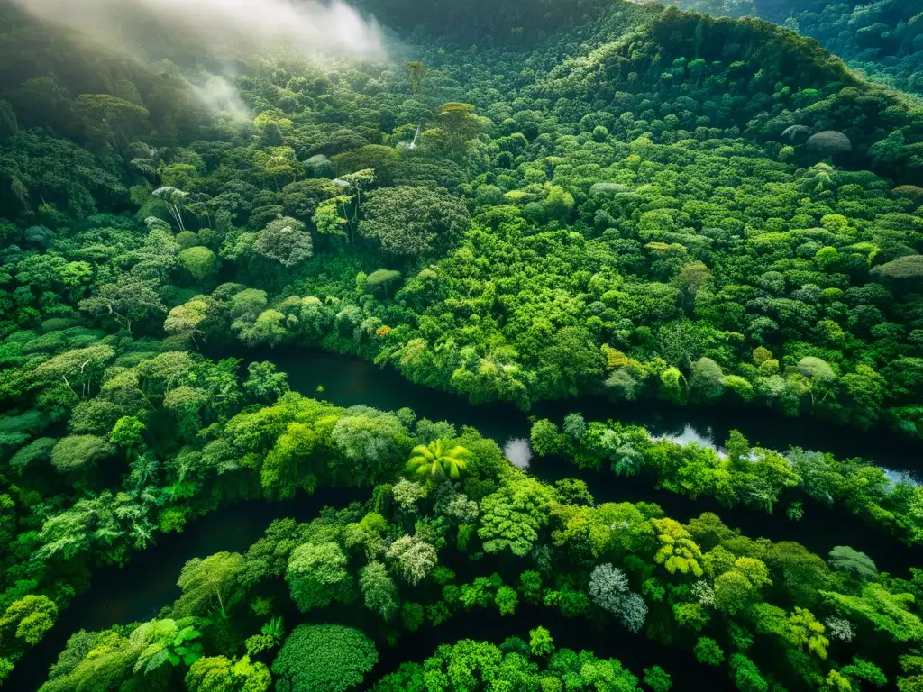 Becas para estudiar ecosistemas en crisis: Imagen aérea impresionante de un exuberante y vibrante bosque lluvioso, teñido de luz y sombra