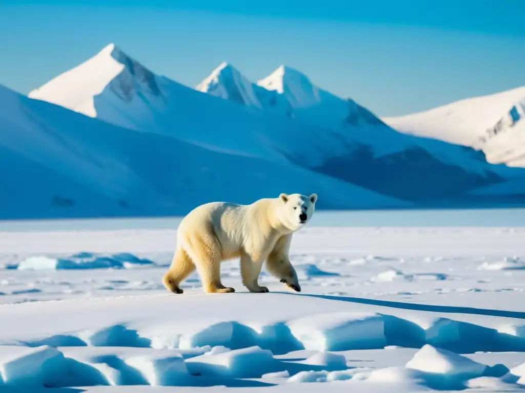 Belleza austera en ecosistemas polares: un paisaje nevado y vasto con un solitario oso polar recorriendo el terreno helado