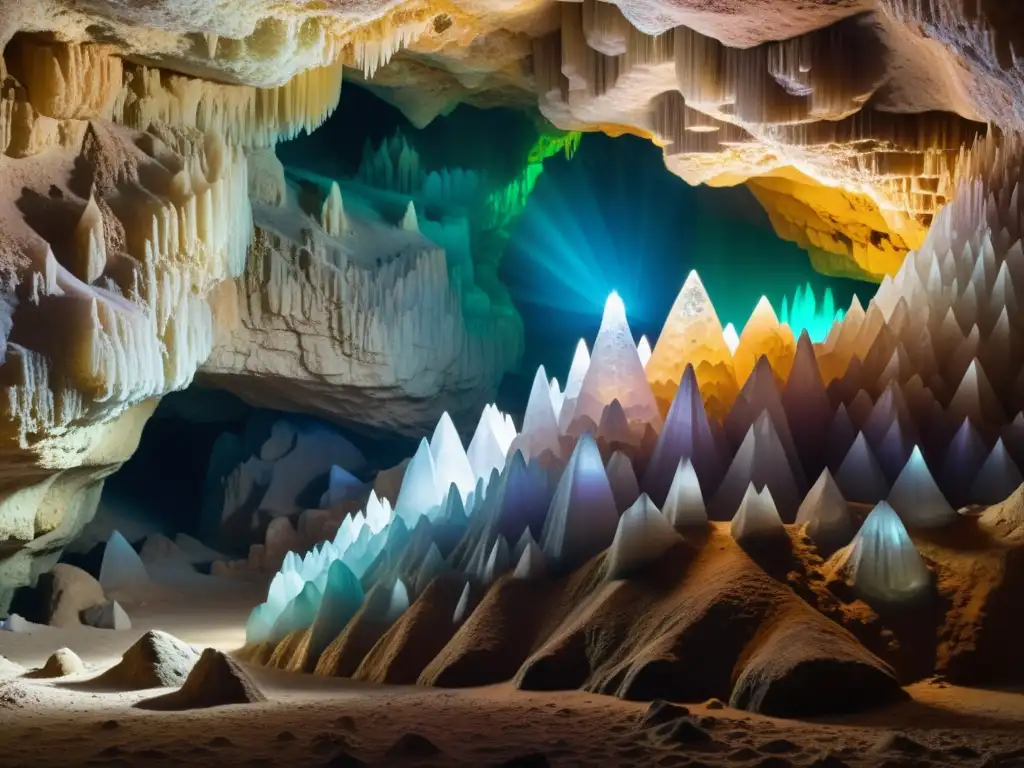 Explora la belleza de las cuevas de cristal en ecosistemas subterráneos, iluminadas por una luz suave y natural, creando un juego de colores y sombras