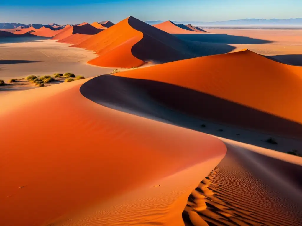 La belleza del desierto Namib: altas dunas rojas contrastando con la arena pálida, bajo el cálido sol del amanecer