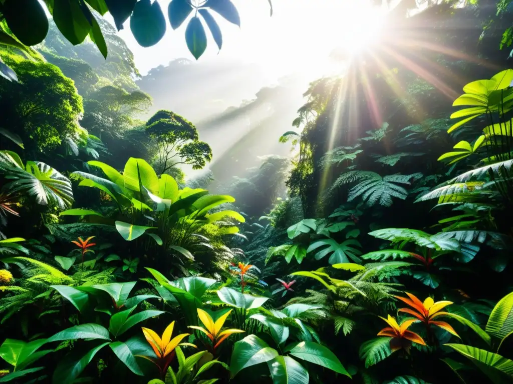 La biodiversidad y belleza natural de un exuberante bosque lluvioso, iluminado por el sol