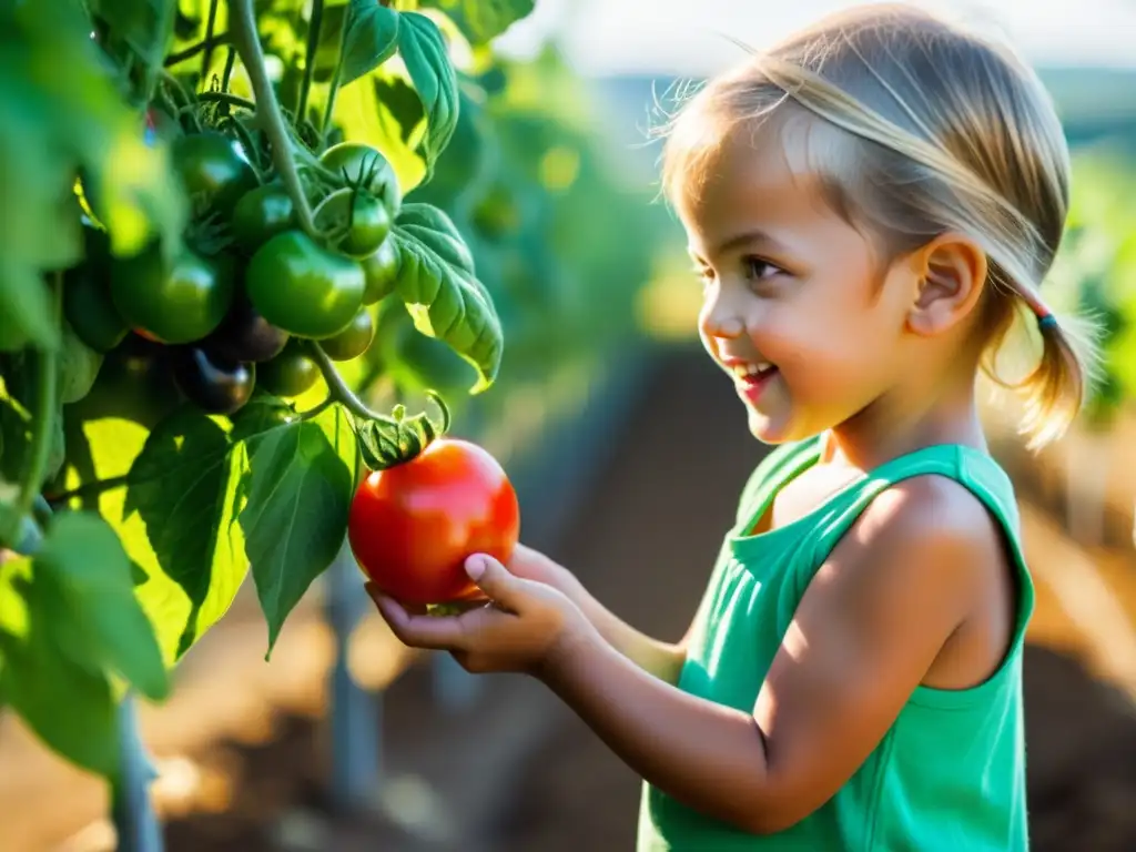 Niño disfrutando los beneficios de la comida orgánica en una granja, conectando con la naturaleza