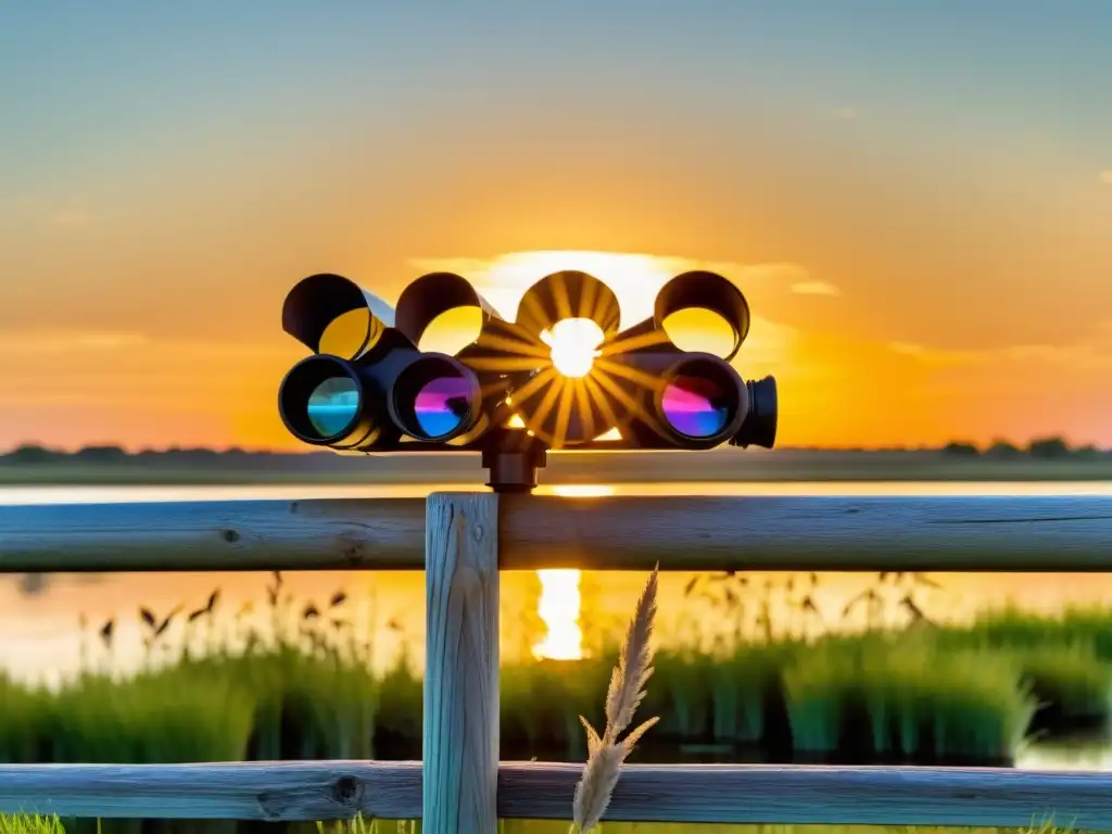 Con binoculares de alta definición, observación de aves en humedales al atardecer