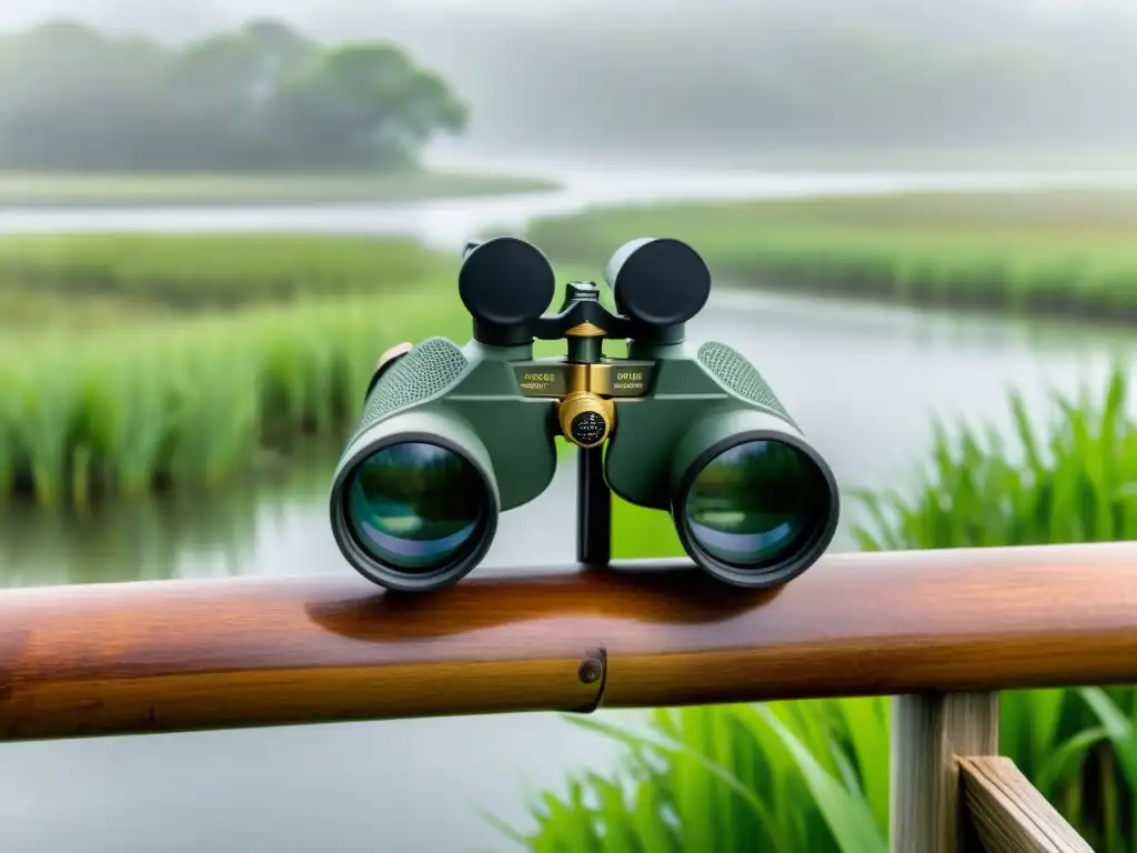 Binoculares de alta definición en barandilla de madera, observación de aves en humedales con atmósfera serena y natural belleza