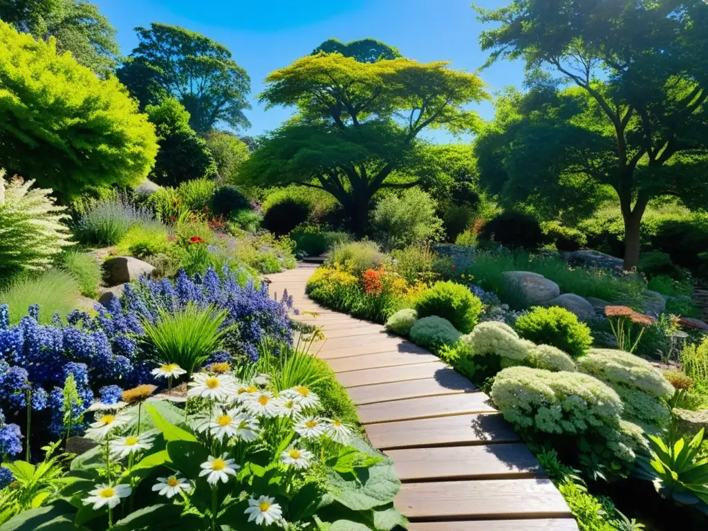 Jardín biodiverso con sendero de piedra, plantas nativas, abejas y mariposas