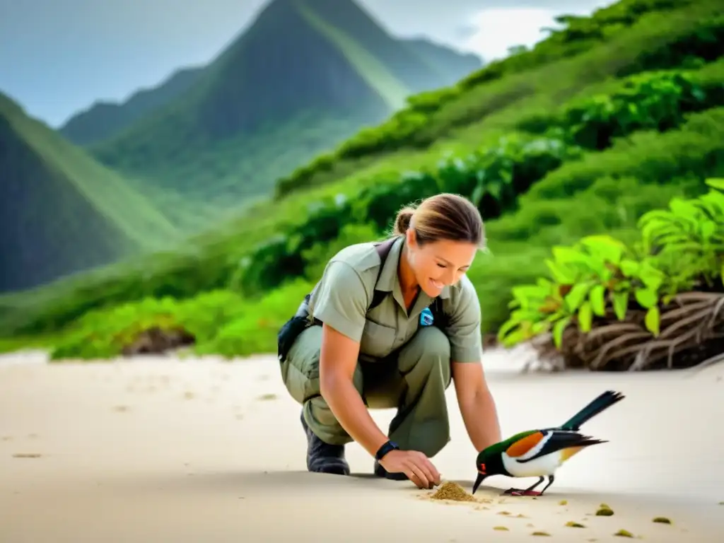 Un biólogo de conservación libera con cuidado una especie de ave en su hábitat natural en una remota isla