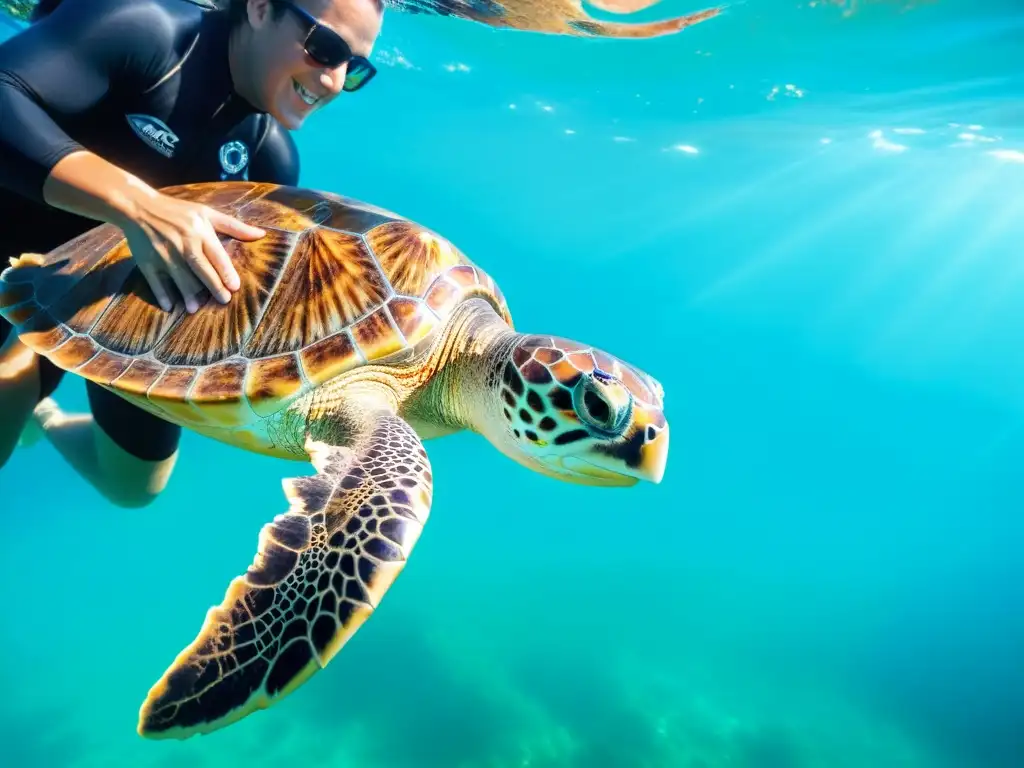 Un biólogo de la conservación libera con cuidado una tortuga marina rehabilitada en el Mediterráneo