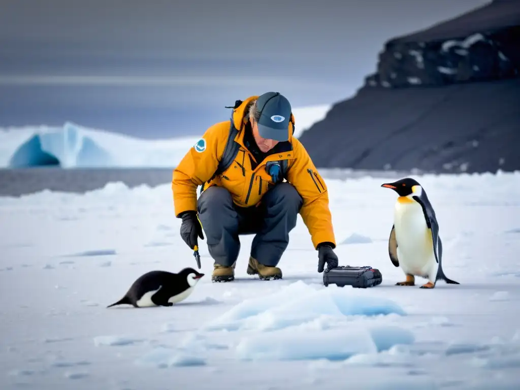 Biólogo colocando dispositivo de monitoreo en pingüino en ambiente extremo de Antártida