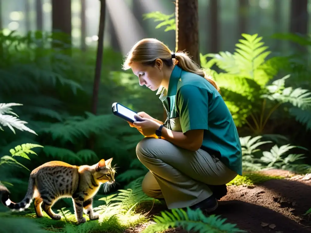 Un biólogo rastrea con precisión a un elusivo felino silvestre usando telemetría, en un bosque con luz filtrada