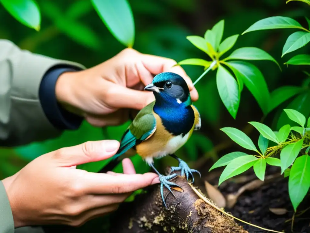 Un biólogo cuidadosamente etiqueta y libera una rara especie de ave en su hábitat natural