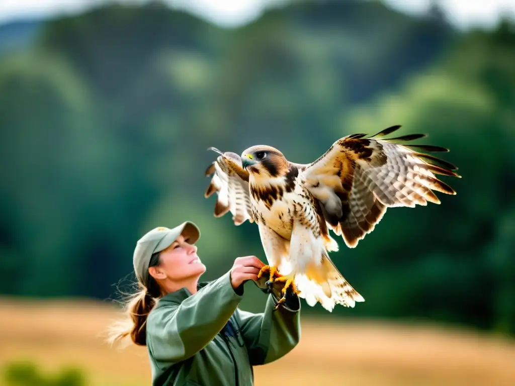 Un biólogo de fauna silvestre libera con cuidado un halcón de cola roja rehabilitado en su hábitat natural, transmitiendo la importancia del manejo de fauna silvestre en hábitat