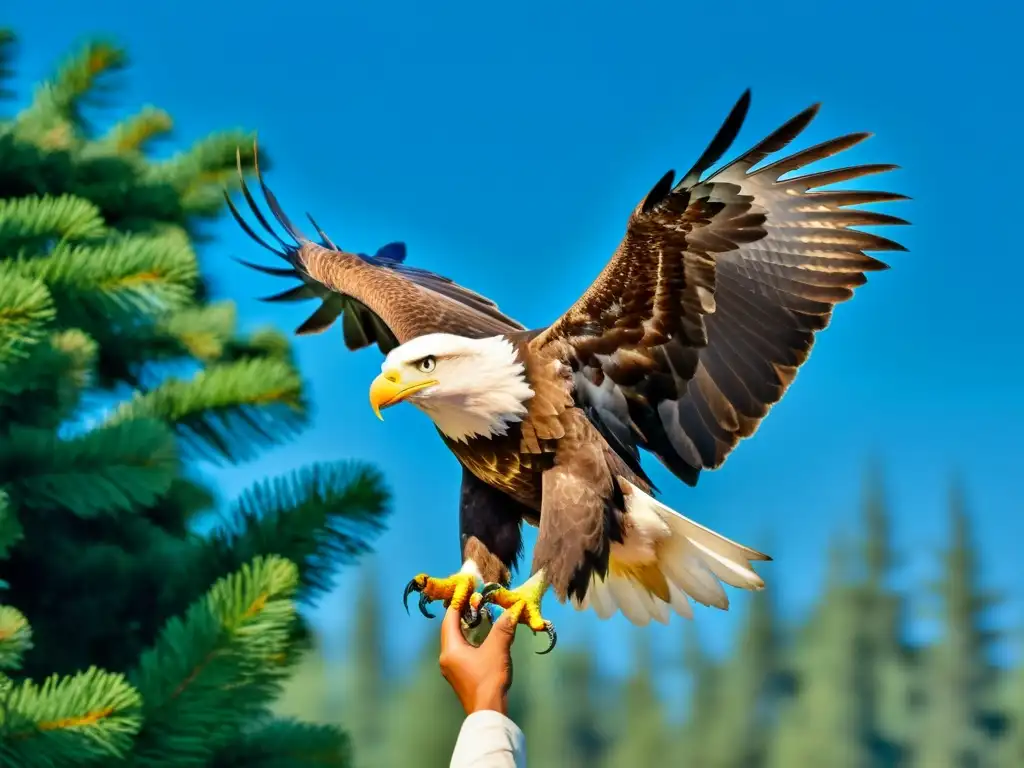 Un biólogo de fauna silvestre libera con cuidado un águila calva rehabilitada en su hábitat natural, mostrando el asombro del manejo de fauna silvestre en acción