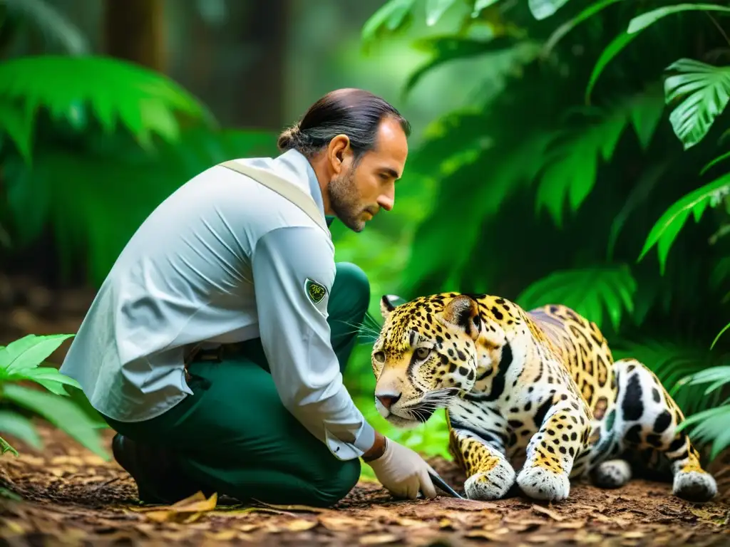 Un biólogo de fauna silvestre examina con cuidado a un jaguar tranquilizado en su hábitat natural, rodeado de exuberante vegetación