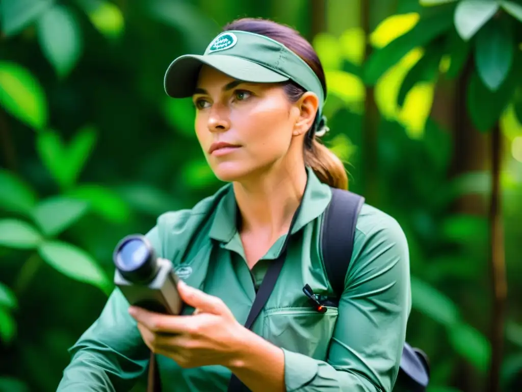 Un biólogo de fauna silvestre rastrea con cuidado a un jaguar en su hábitat natural, entre exuberante vegetación