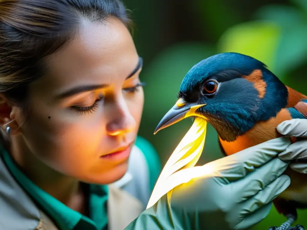 Un biólogo de conservación implanta con precisión un dispositivo de rastreo en el ala de un ave en peligro, resaltando la tecnología en conservación de especies en peligro