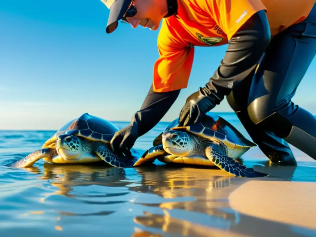 Biólogos liberan tortugas marinas rehabilitadas al mar, representando la conservación de especies en ecosistemas