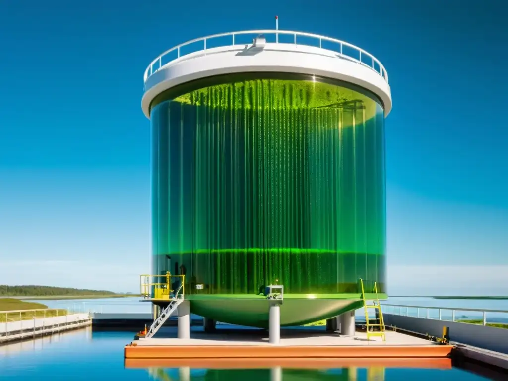 Un bioreactor lleno de microalgas verdes bajo el cielo azul, mostrando el potencial de las microalgas como fuente de energía renovable