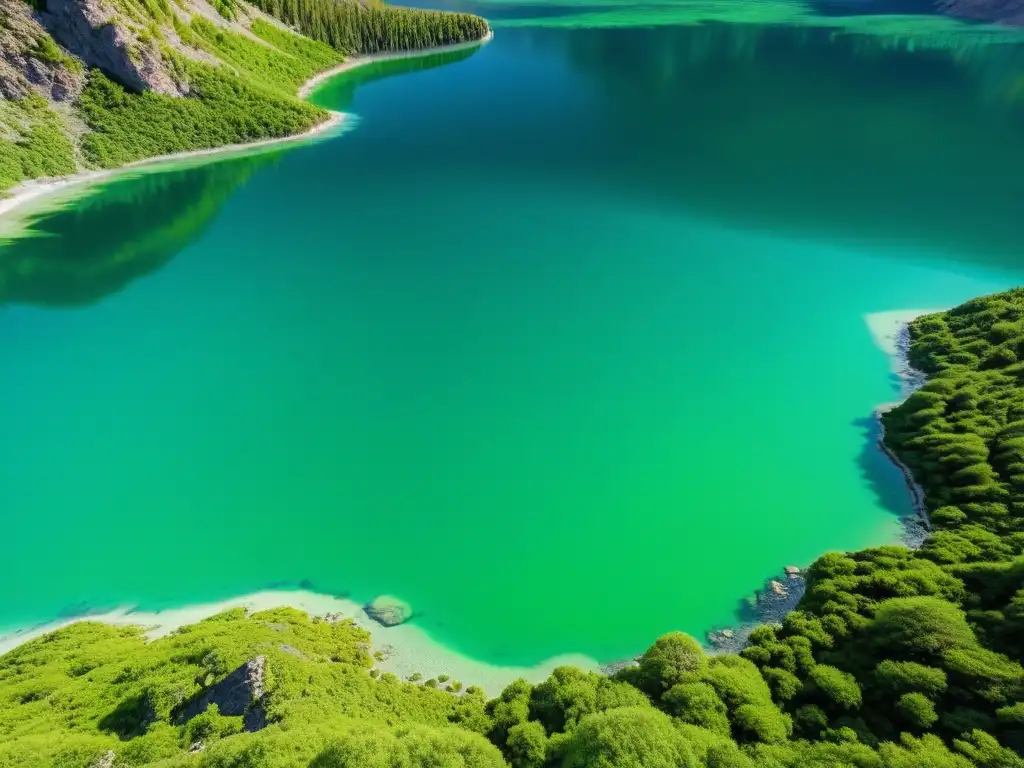 Biota de lagos alcalinos en armonía: lago sereno, vegetación vibrante y acantilados rocosos, reflejando el cielo entre algas y microorganismos