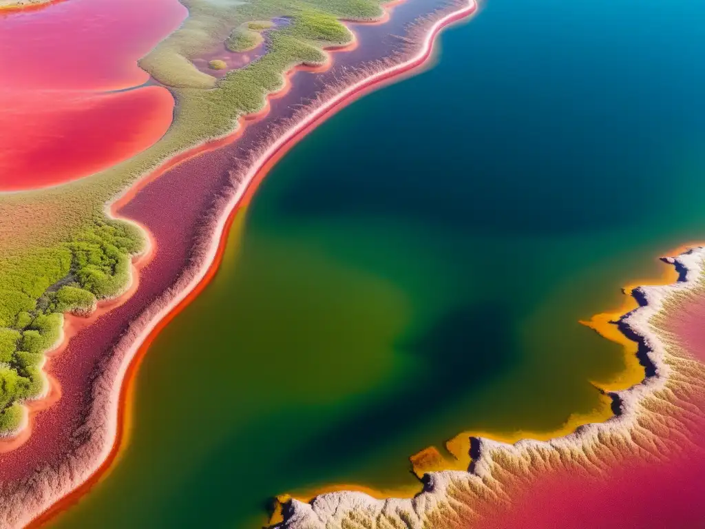 Biota de lagos alcalinos: Microbial mats vibrantes en el borde de un lago alcalino, creando un tapiz de colores y patrones fascinantes