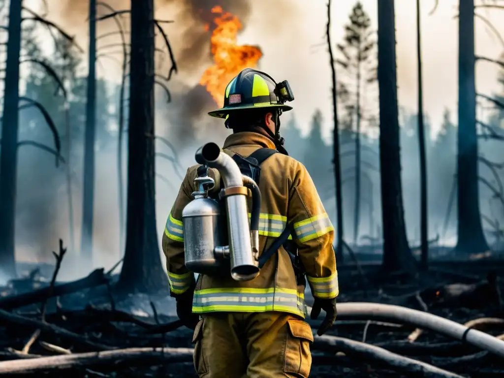 Un bombero en el bosque quemado, símbolo de la lucha contra incendios forestales y la prevención en ecosistemas