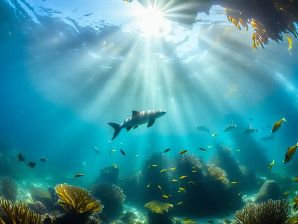 Bosque de algas ecosistema marino: Un vibrante bosque de algas marinas con vida marina diversa y colorida bajo la luz del sol