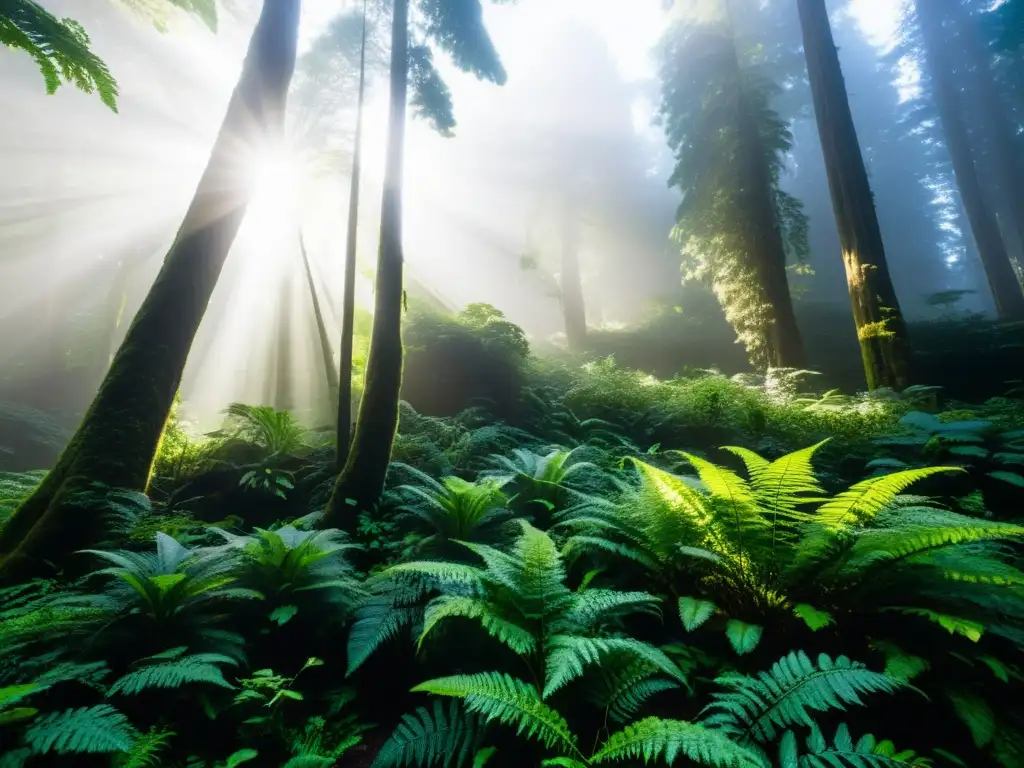 Un bosque antiguo y exuberante, con árboles imponentes que alcanzan el cielo