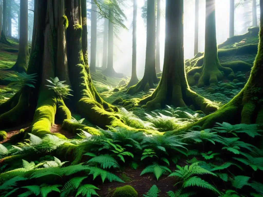 El misterio del antiguo bosque: sendero entre árboles gigantes Un bosque antiguo y misterioso, con árboles imponentes y raíces retorcidas