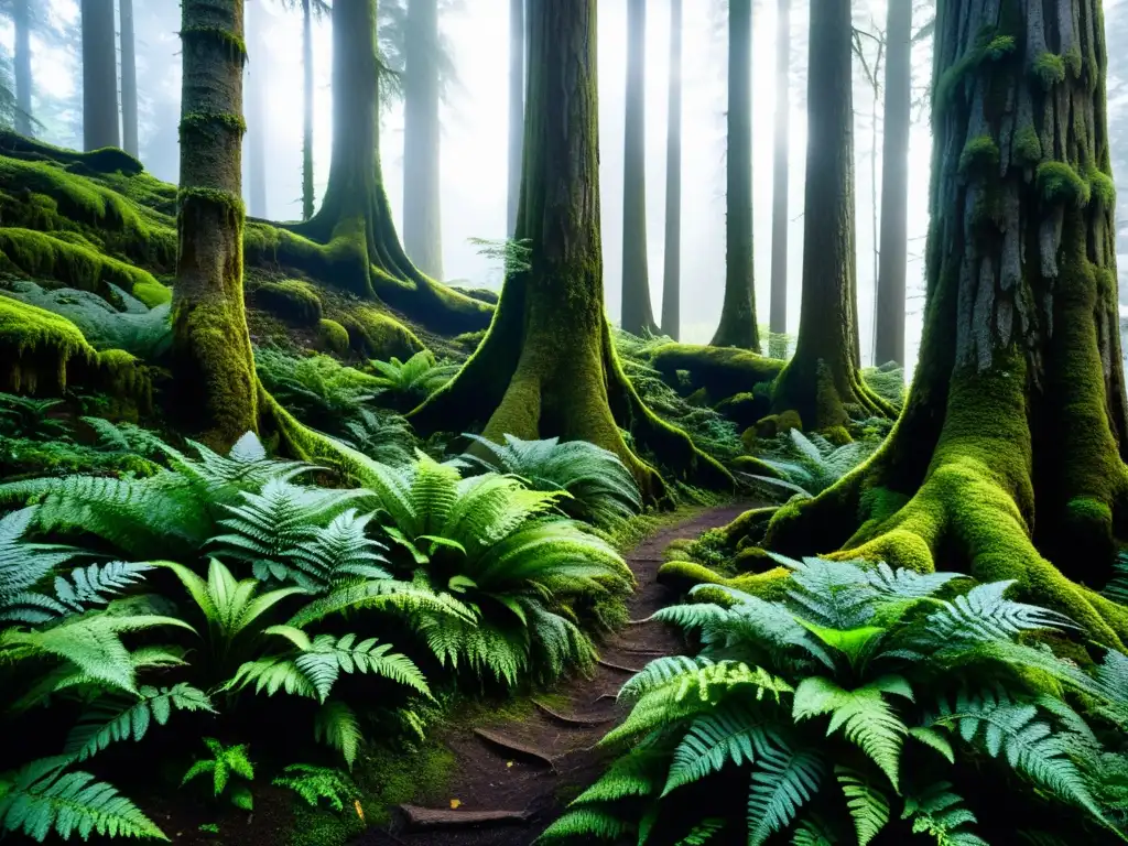 Bosque ancestral: misterio y sabiduría entre la niebla Un bosque antiguo y místico, con árboles cubiertos de musgo y una atmósfera etérea