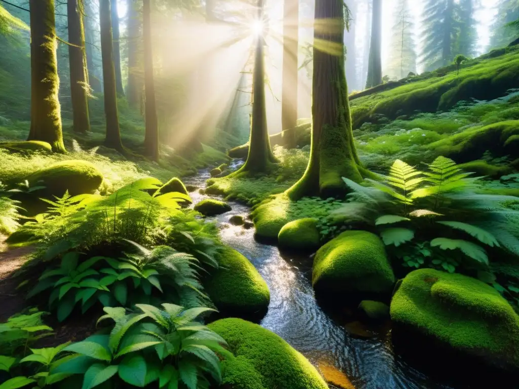 Bosque místico: árboles gigantes, luz dorada y armonía natural Un bosque antiguo, místico y vibrante con árboles cubiertos de musgo y una variedad de plantas y flores