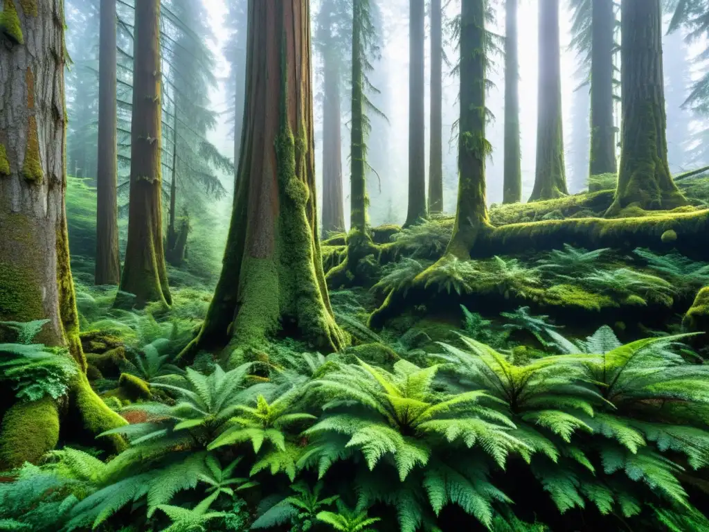 Bosque de árboles gigantes y montañas rocosas, cubiertos de musgo, lichen, helechos y hojas caídas, con luz solar filtrándose a través del dosel