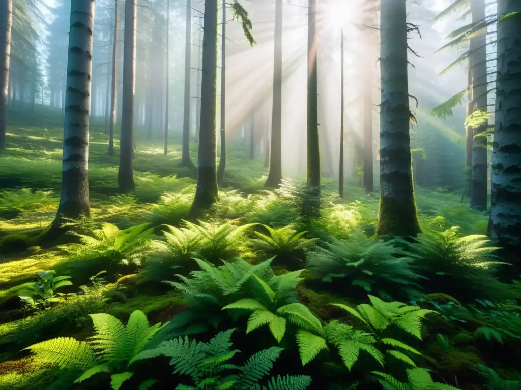 Un bosque de taiga siberiana con árboles verdes altos, musgo, helechos y flores silvestres