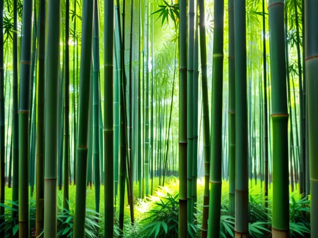 Un bosque de bambú exuberante con luz solar filtrándose a través del dosel, creando patrones de luz y sombra