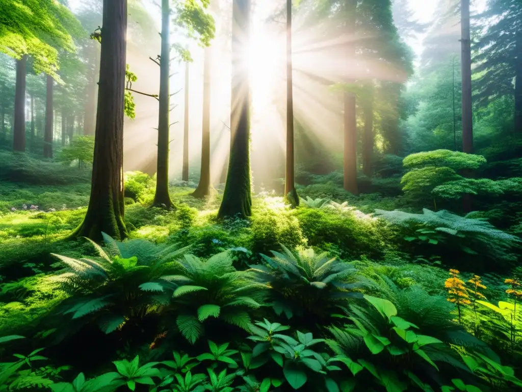 Bosque biodiverso con flora, fauna y luz solar filtrándose entre los árboles