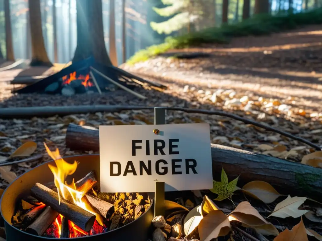 Un bosque cubierto de hojas secas y ramitas, con una fogata al fondo y una señal de peligro de incendio