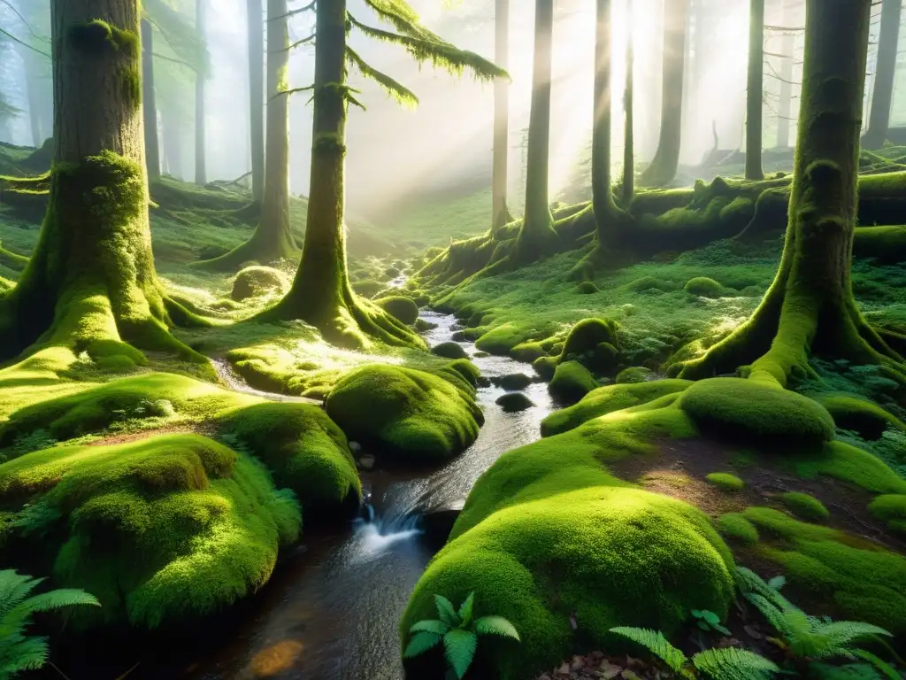 Un bosque denso y antiguo con árboles cubiertos de musgo verde vibrante, luz solar filtrándose entre el dosel y creando sombras en el suelo