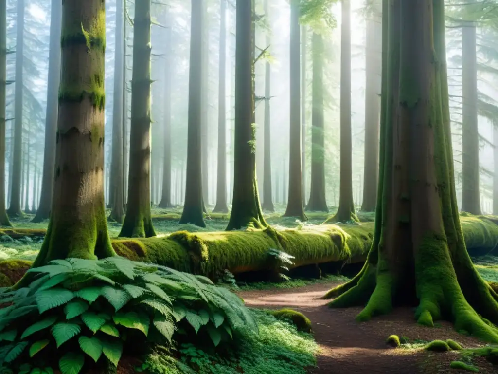 Un bosque denso con árboles imponentes y hojas verdes vibrantes formando un dosel que filtra la luz del sol