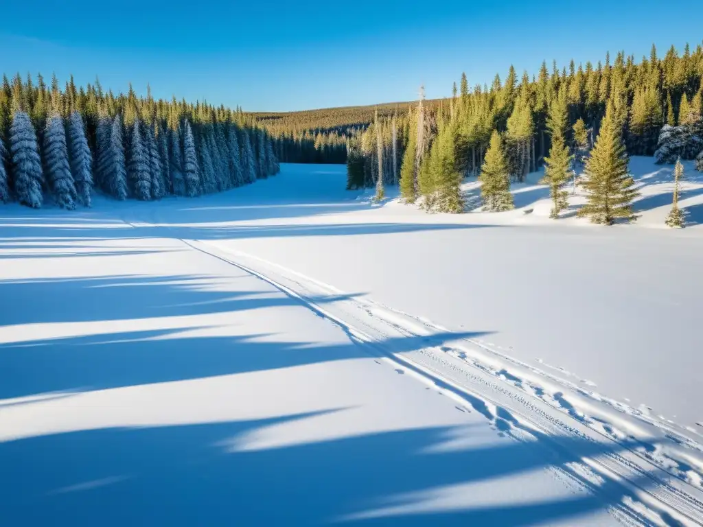 Un bosque de taiga nevado y denso con árboles verdes altos, huellas de animales en la nieve, y una familia de alces