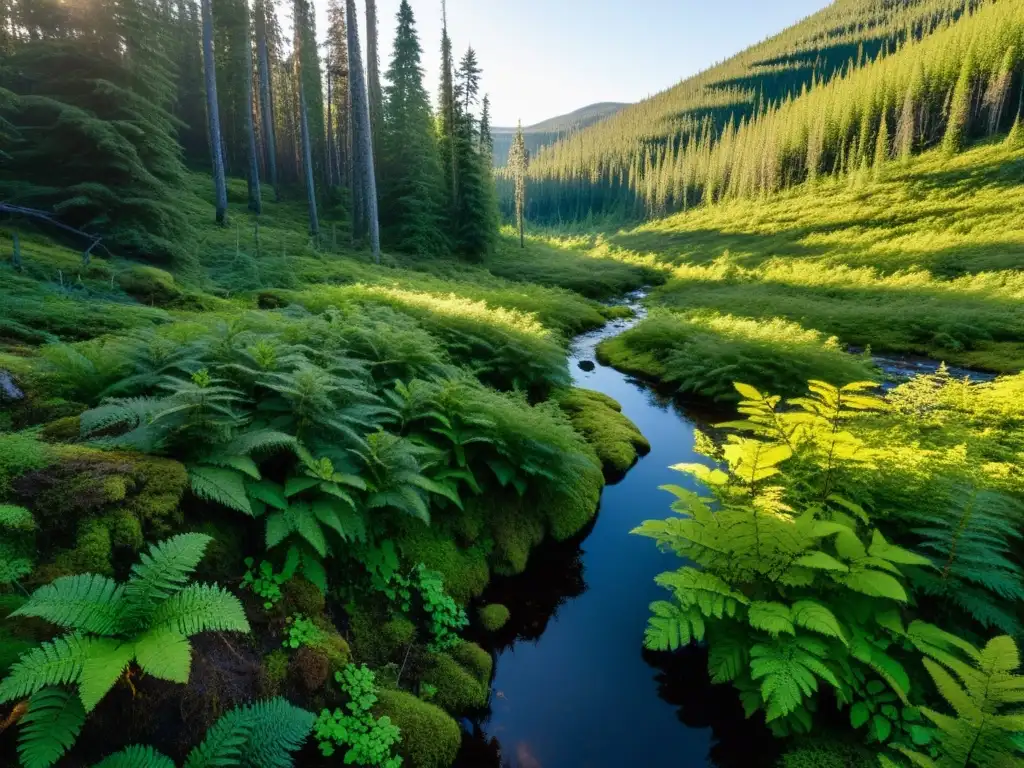 Un bosque denso y exuberante de la taiga con árboles perennes altos proyectando largas sombras en la suave luz dorada del atardecer