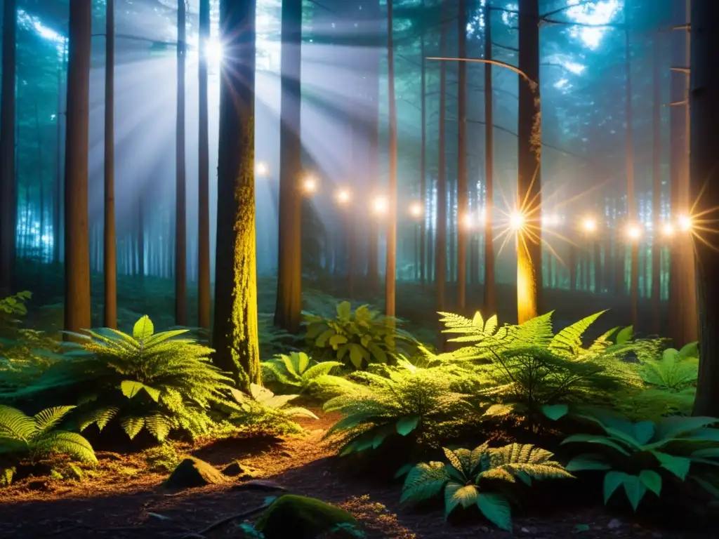 Un bosque denso iluminado por linternas solares para exploración nocturna, revelando la belleza de la naturaleza en la oscuridad