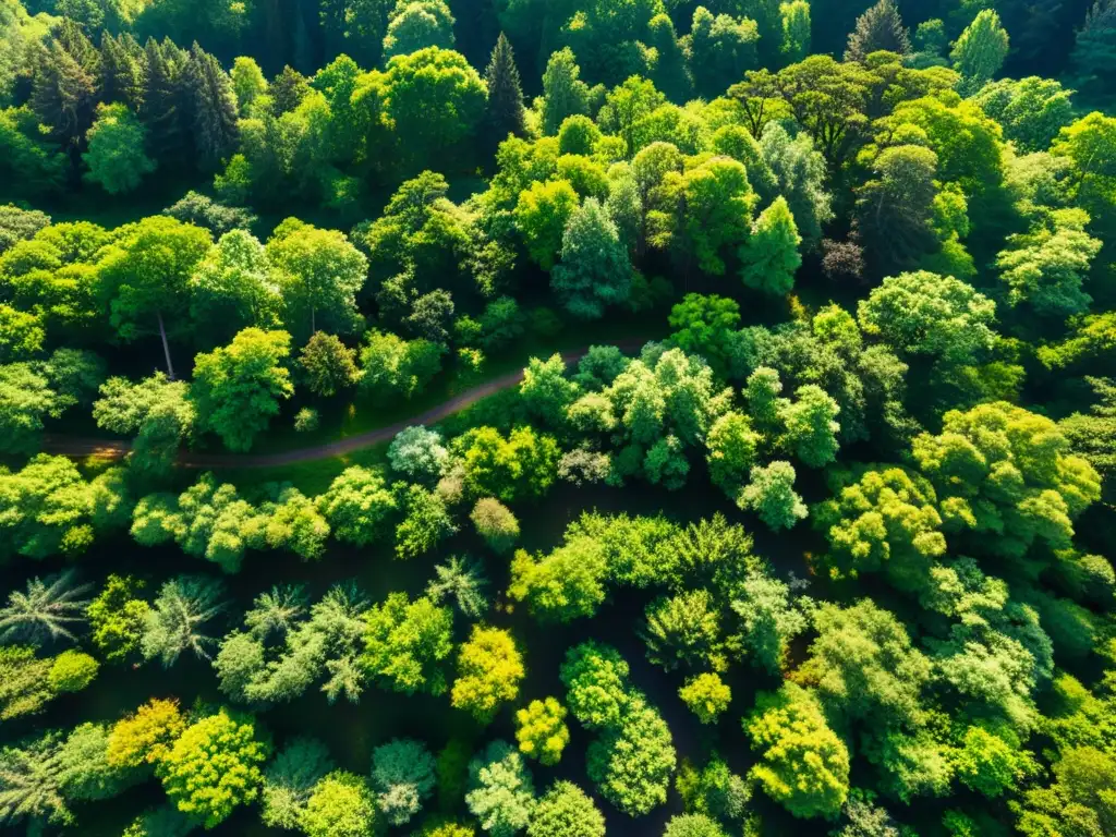 Un bosque europeo exuberante con luz solar filtrándose a través del dosel, creando sombras moteadas en el suelo