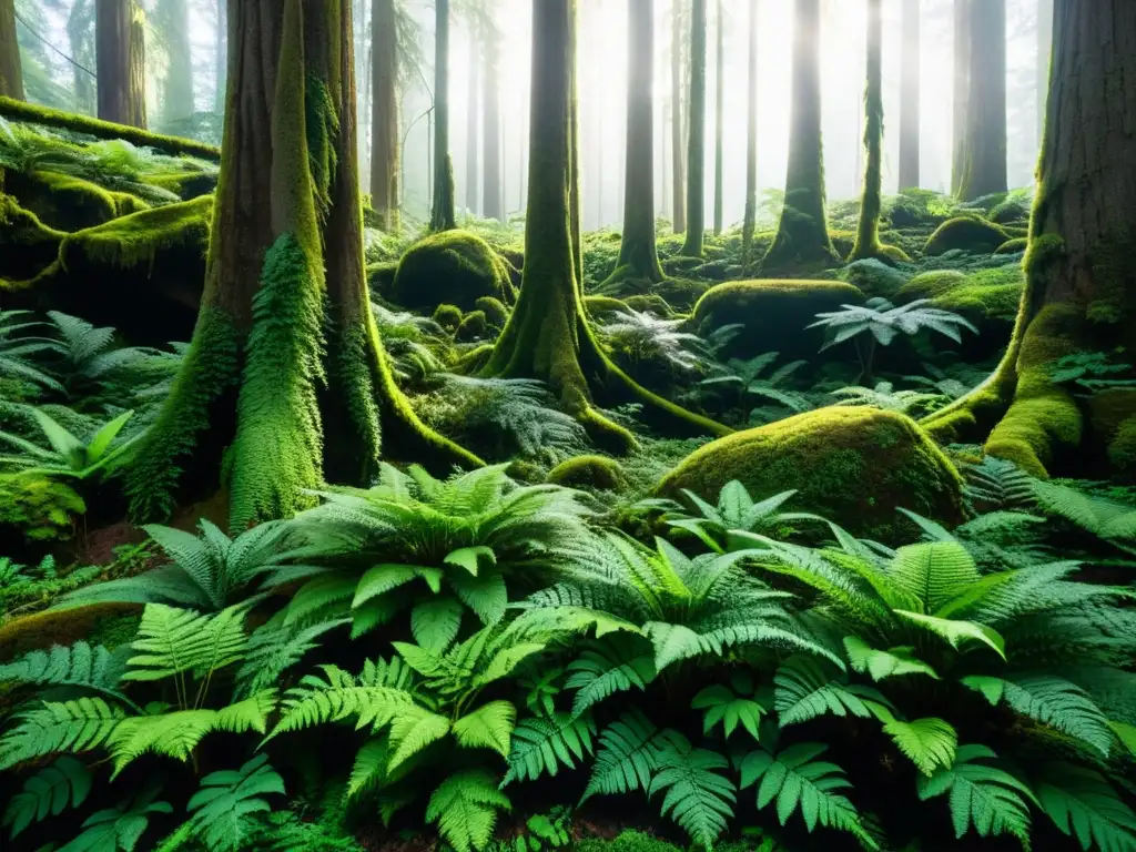 Un bosque exuberante con árboles imponentes, follaje verde vibrante y luz solar filtrándose